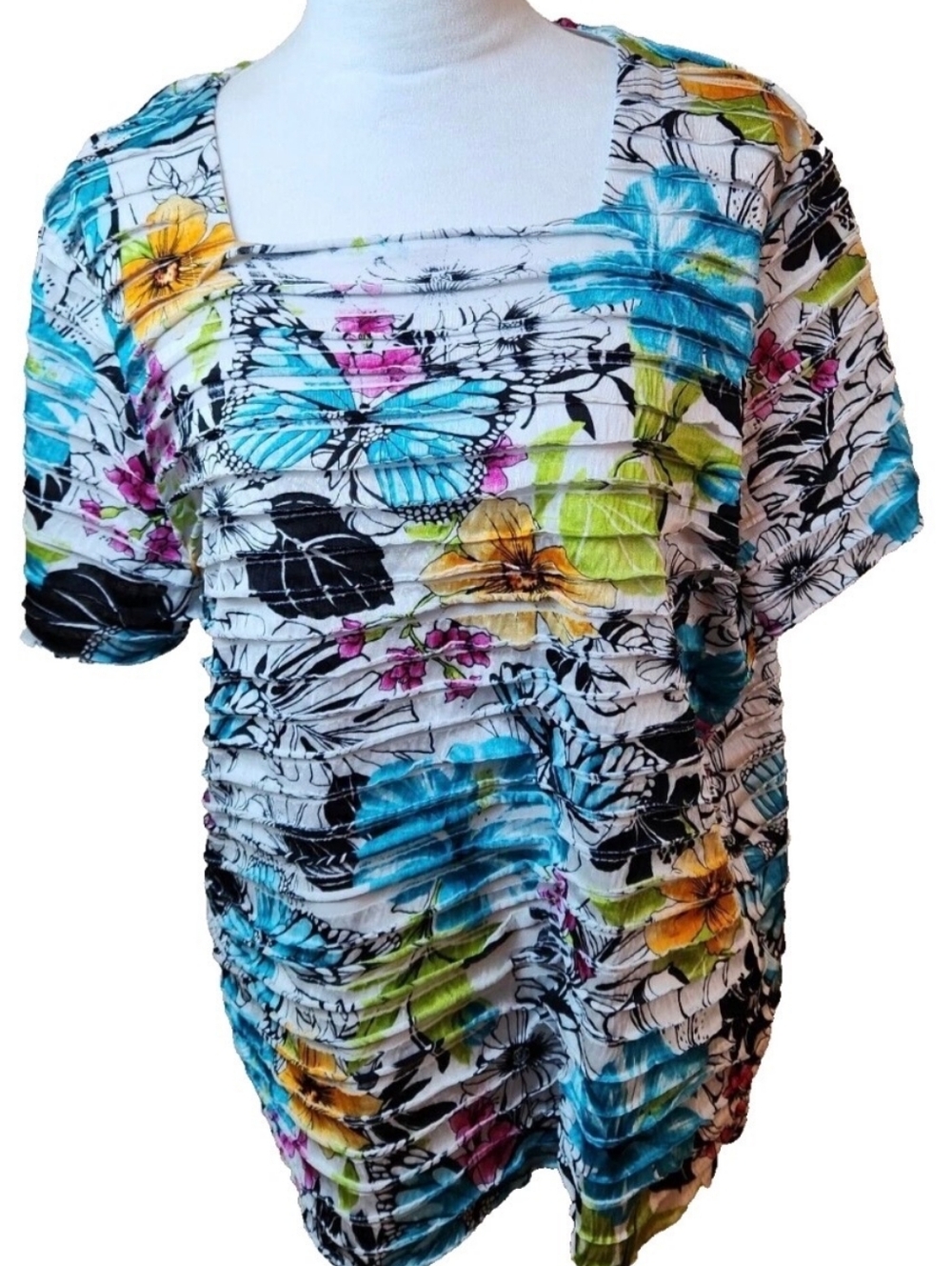 Alfred Dunner Multicolored Floral Ruched Square-Neck Short Sleeve Tee/Top, Sz L🍁